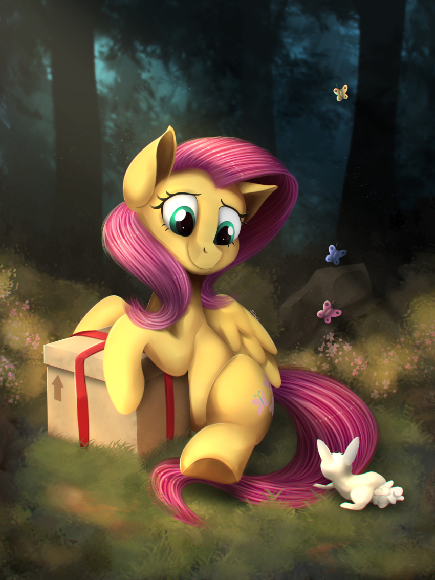 2018 absurd_res arthropod blackligerth box butterfly cute cutie_mark equine eyelashes feathered_wings feathers female feral flower fluttershy_(mlp) forest friendship_is_magic gift grass hair hi_res hooves insect lagomorph looking_down mammal my_little_pony nature nude outside pegasus pink_hair plant portrait rabbit ribbons sitting smile solo_focus teal_eyes tree wings yellow_feathers