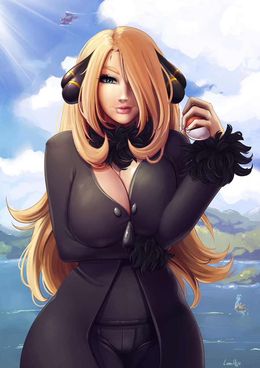 blonde_hair blue_eyes breasts commentary curvy english_commentary eyelashes eyeshadow fur_trim garchomp gen_1_pokemon gen_4_pokemon hair_ornament hair_over_one_eye highres holding holding_poke_ball lapras large_breasts lips long_hair looking_at_viewer luminyu makeup nose ocean pants poke_ball pokemon pokemon_(game) pokemon_dppt shirona_(pokemon) solo_focus thick_lips unaligned_breasts