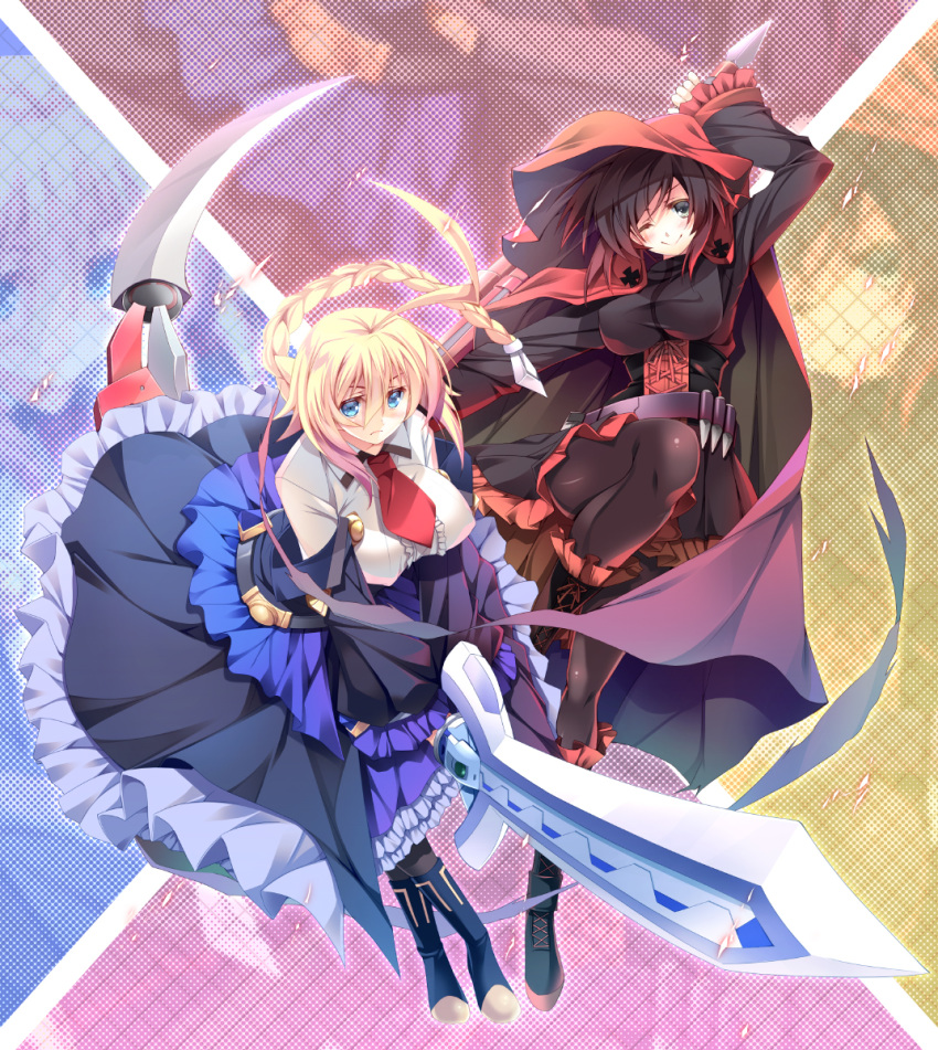 ahoge alternate_breast_size black_dress black_hair black_legwear blazblue blazblue:_cross_tag_battle blonde_hair blue_dress blue_eyes blush boots braid breasts cape cloak closed_mouth commentary_request corset crescent_rose cross-laced_footwear dress es_(xblaze) frilled_dress frills gradient_hair highres holding holding_sword holding_weapon hood hooded_cloak huge_ahoge knee_boots lace-up_boots large_breasts long_hair long_sleeves looking_at_viewer multicolored_hair multiple_girls pantyhose red_cape red_hair ruby_rose rwby scythe short_hair silver_eyes single_braid sword taut_clothes two-tone_hair underbust weapon xblaze yuuki_makoto_(radiant)