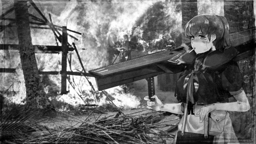 bitchcraft123 breasts burning cigarette commentary_request fairy_(kantai_collection) fire flight_deck greyscale intrepid_(kantai_collection) kantai_collection large_breasts monochrome ponytail shirt short_hair smoking vietnam_war
