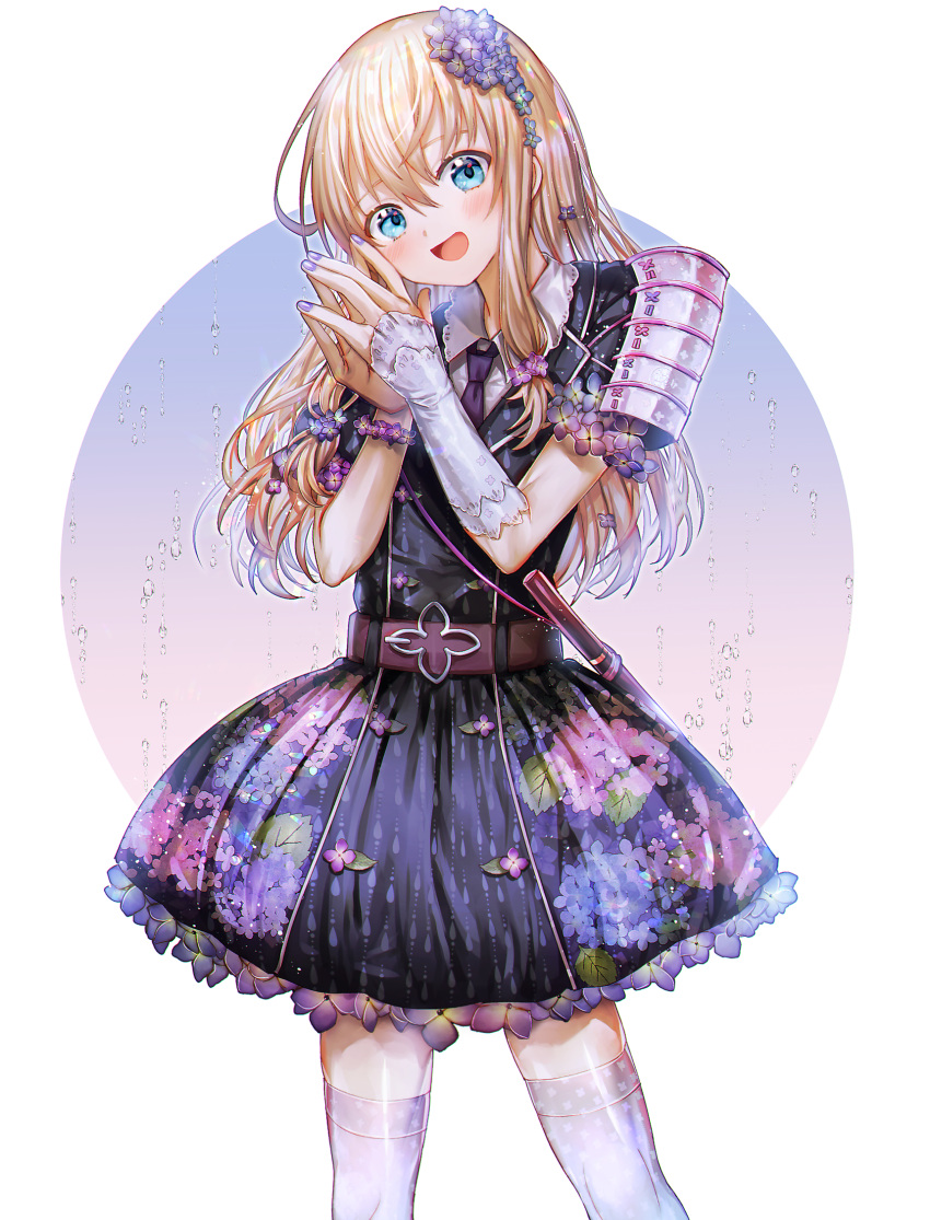 :d abandon_ranka armor belt blonde_hair blue_eyes blue_nails dress floral_print flower hair_flower hair_ornament hands_together highres hydrangea hydrangea_hair_ornament japanese_armor long_hair male_focus midare_toushirou nail_polish necktie open_mouth otoko_no_ko shoulder_armor smile sode solo thighhighs touken_ranbu white_legwear