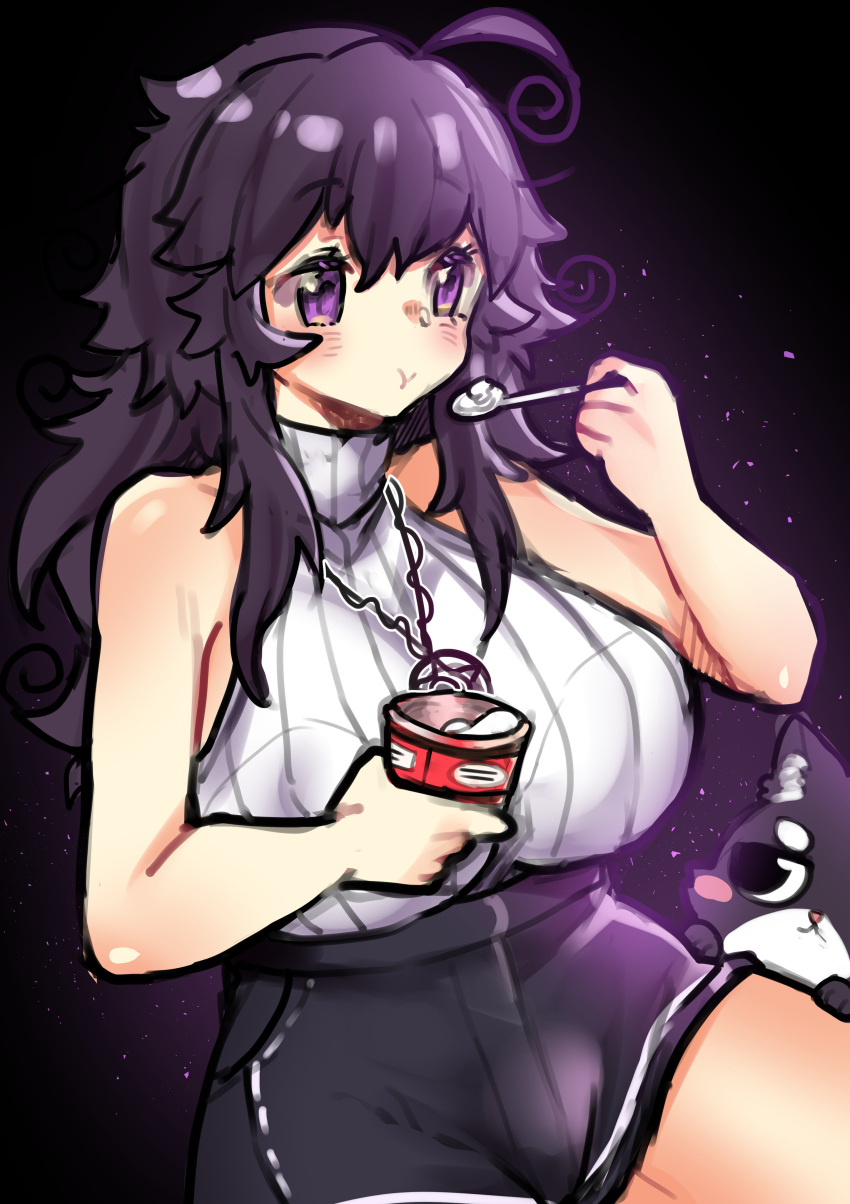 :t absurdres ahoge bare_arms bare_shoulders black_shorts breasts cat commentary eating english_commentary ghast_(osiimi) ghost hand_up hat highres holding huge_breasts messy_hair nyarla_(osiimi) original osiimi purple_eyes purple_hair short_shorts shorts spoon
