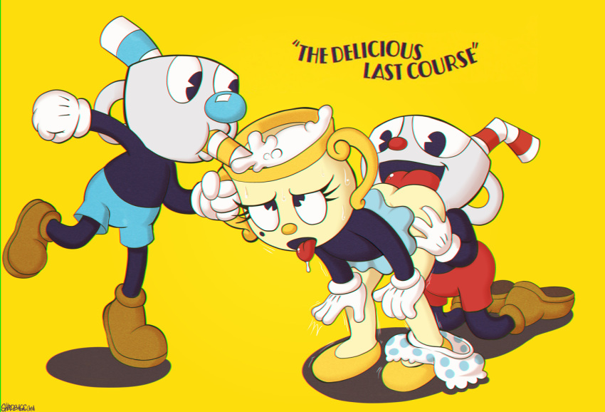 2018 animate_inanimate beauty_mark bloomers butt chromatic_aberration clothing cunnilingus cuphead_(character) cuphead_(game) english_text fellatio female footwear gloves group group_sex hand_on_butt hi_res humanoid licking looking_pleasured male male/female ms._chalice mugman not_furry object_head open_mouth oral orgasm panties saliva sex shadman shaking short_stack signature sweat text threesome tongue tongue_out trembling underwear vaginal video_games