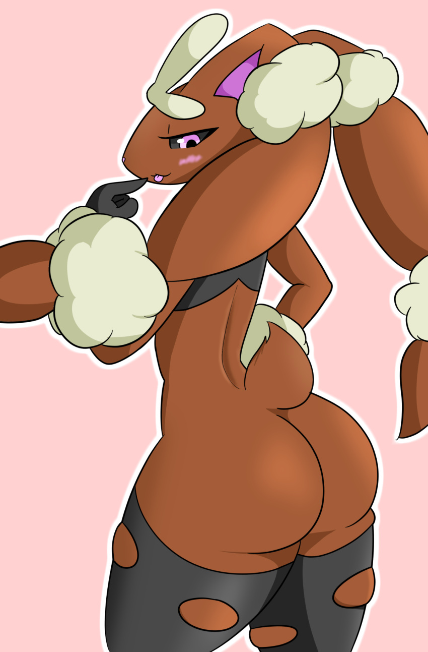 big_butt black_sclera brown_fur butt female fur lagomorph mammal mega_evolution mega_lopunny nintendo pink_background pink_eyes pok&eacute;mon pok&eacute;mon_(species) rabbit simple_background solo tongue tonytoran video_games