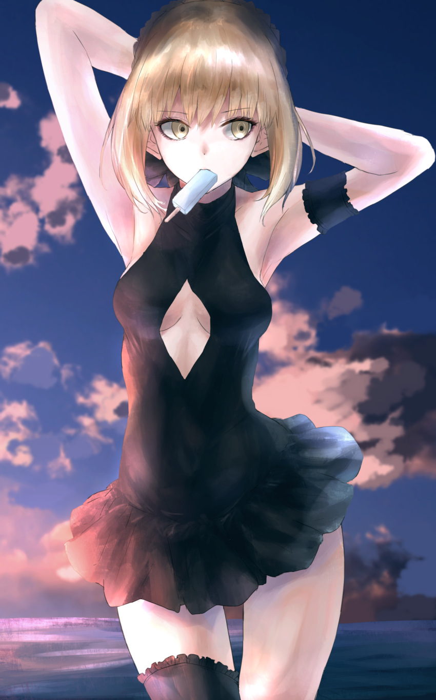 arm_strap armpits arms_up artoria_pendragon_(all) artoria_pendragon_(swimsuit_rider_alter) bangs black_bow black_swimsuit blonde_hair blue_sky bow breasts casual_one-piece_swimsuit cloud cowboy_shot day eyebrows_visible_through_hair fate/grand_order fate_(series) food hair_between_eyes hair_bow highres ice_cream looking_at_viewer looking_away medium_breasts mouth_hold one-piece_swimsuit outdoors rinsu_(kilakira13) sidelocks sky solo standing swimsuit thigh_strap tied_hair tying_hair underboob yellow_eyes