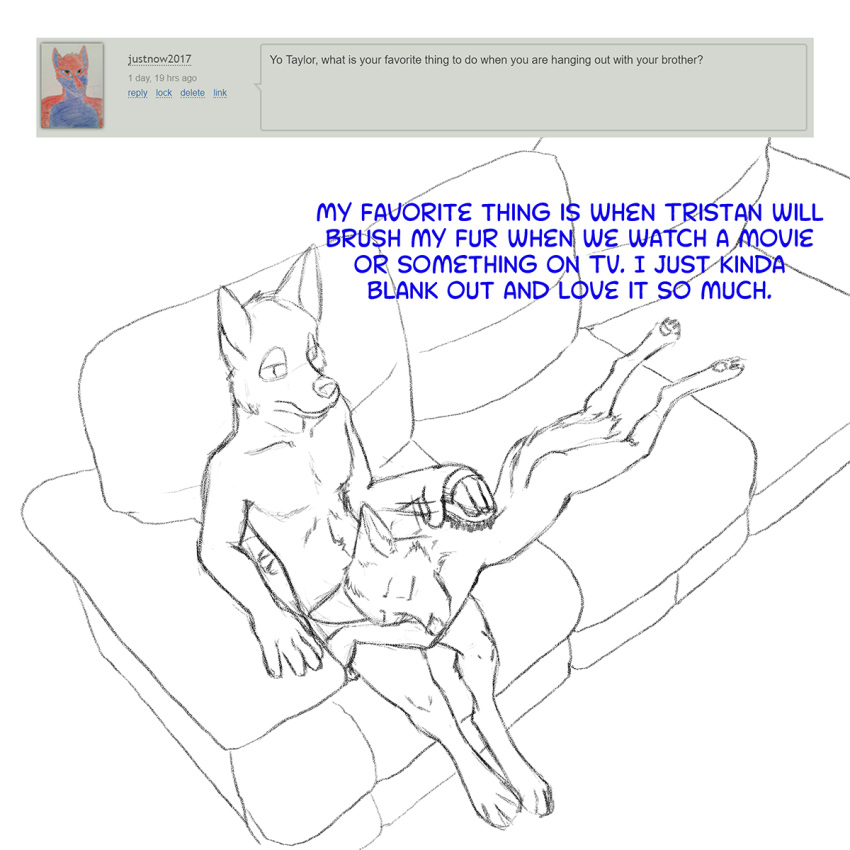 2018 anthro brush butt canine cub digital_media_(artwork) duo english_text female fur lying male mammal misterpickleman nude question simple_background sleeping sofa taylor_knight text tristan_knight wolf young