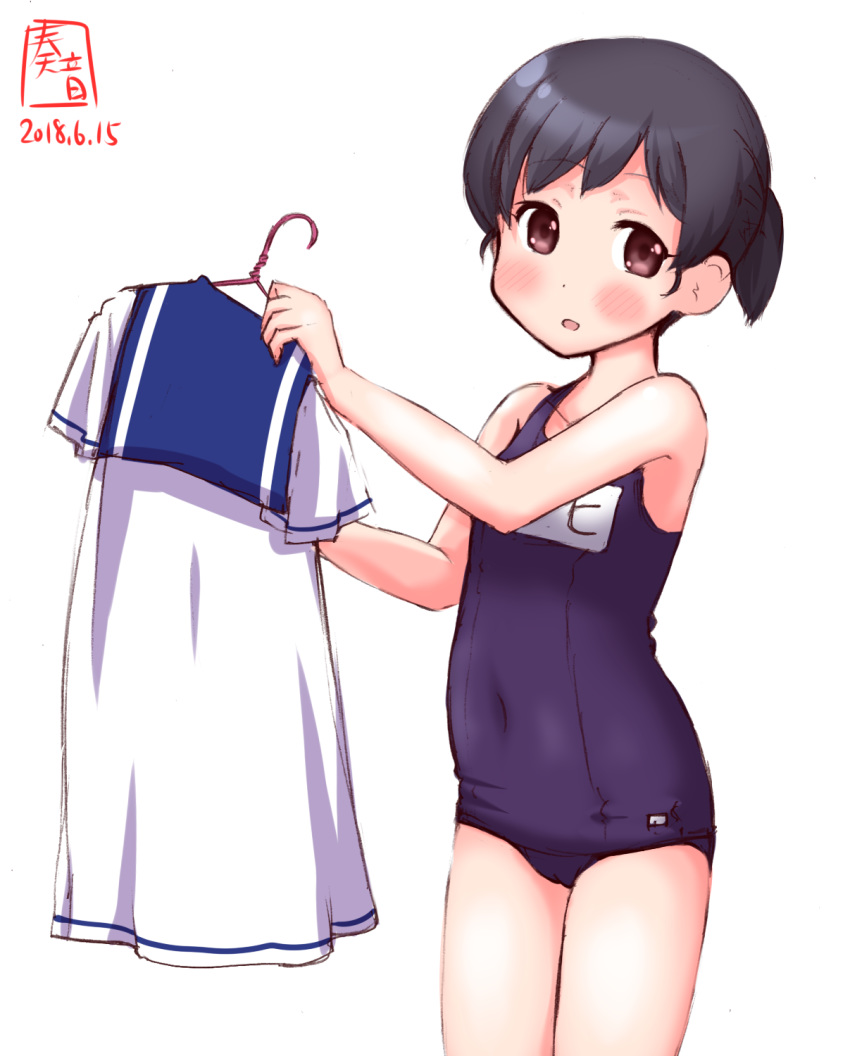 artist_logo black_hair blue_swimsuit brown_eyes clothes_hanger clothes_removed commentary_request cowboy_shot dated dress dress_removed hiburi_(kantai_collection) highres holding_clothes kanon_(kurogane_knights) kantai_collection one-piece_swimsuit ponytail sailor_dress school_swimsuit short_hair short_ponytail short_sleeves simple_background solo swimsuit white_background white_dress