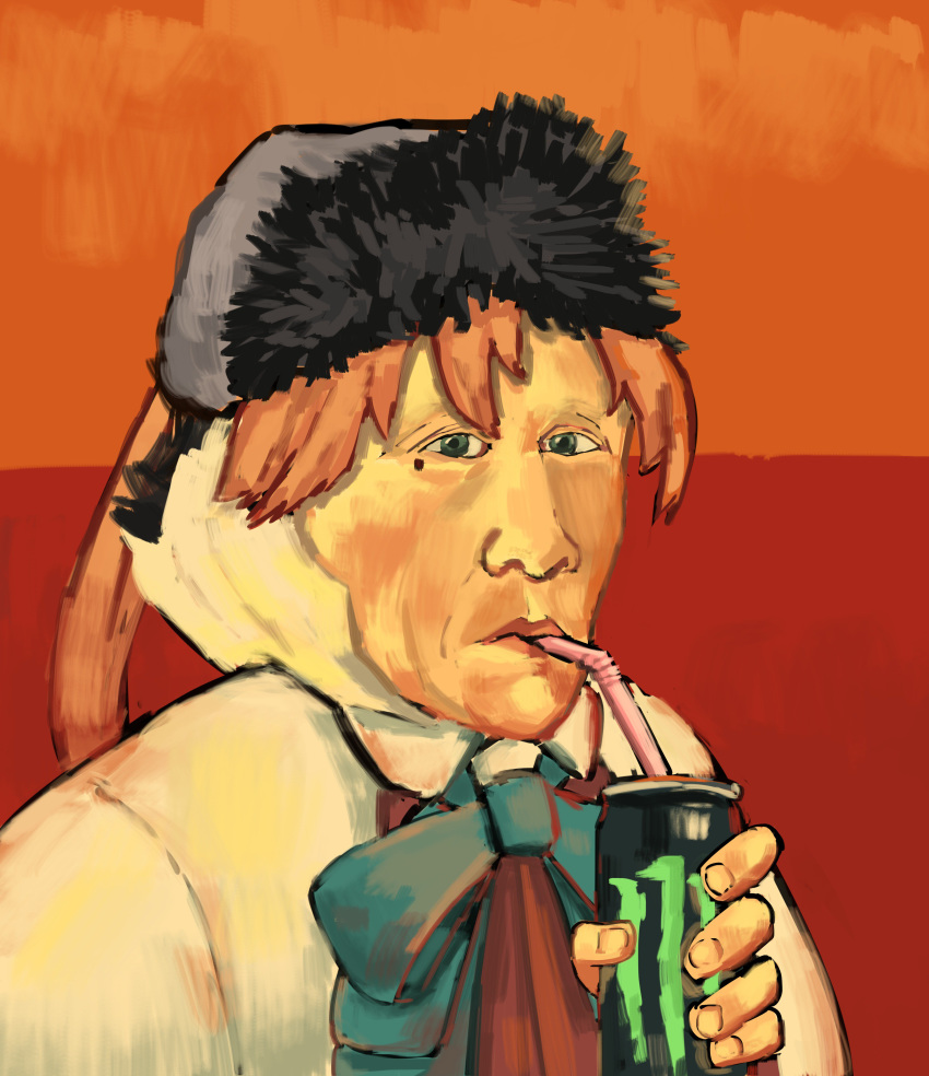 absurdres akigumo_(kantai_collection) ascot bangs bendy_straw blue_neckwear bow bowtie can commentary_request drinking drinking_straw energy_drink faux_traditional_media fine_art_parody fingernails green_eyes highres kantai_collection lips long_hair looking_at_viewer mole mole_under_eye monster_energy parody pink_lips ponytail portrait red_background red_neckwear self-portrait_with_bandaged_ear solo soushou_nin two-tone_background upper_body vincent_van_gogh_(person) what