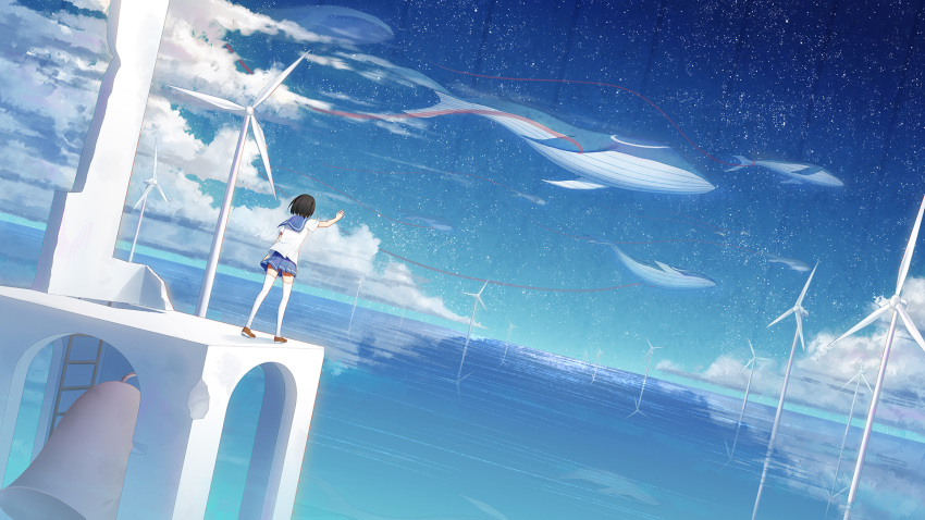 bell bell_tower black_hair blue_sailor_collar blue_skirt church_bell cloud cloudy_sky commentary_request dutch_angle facing_away from_behind highres ji_dao_ji ladder landscape looking_afar ocean original outdoors perspective pleated_skirt reaching red_footwear ruins sailor_collar school_uniform serafuku shoes short_hair short_sleeves skirt sky solo star_(sky) starry_sky surreal thighhighs walking whale white_legwear white_serafuku wind_turbine windmill zettai_ryouiki