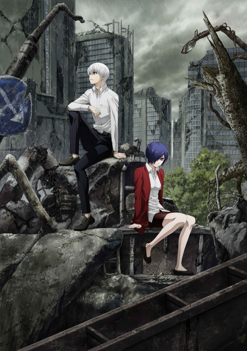 1girl arm_support black_footwear black_pants black_skirt blue_eyes blue_hair cardigan cloud cloudy_sky day dress_shirt elbow_on_knee full_body hair_between_eyes hair_over_one_eye highres kaneki_ken key_visual kirishima_touka looking_down miniskirt official_art open_cardigan open_clothes outdoors pants pencil_skirt rain red_cardigan ruins shirt shoes short_hair silver_hair sitting skirt sky tokyo_ghoul white_shirt