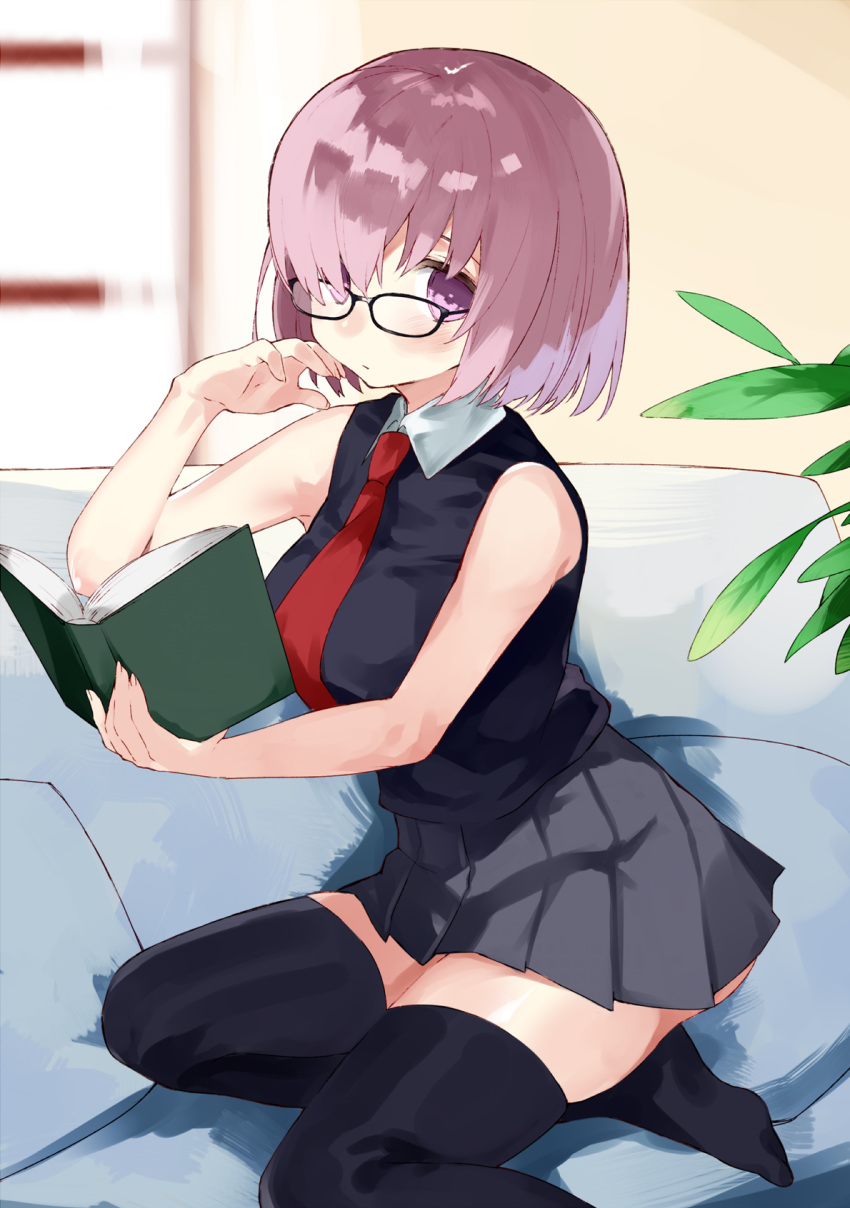 bare_arms bare_shoulders black-framed_eyewear black_legwear black_shirt blurry blurry_background book closed_mouth collared_shirt commentary_request depth_of_field fate/grand_order fate_(series) glasses grey_skirt hair_over_one_eye hand_up hasegawa_(rarairairai) highres holding holding_book looking_at_viewer mash_kyrielight necktie open_book pink_hair pleated_skirt purple_eyes red_neckwear shirt sitting skirt sleeveless sleeveless_shirt solo thighhighs window wing_collar