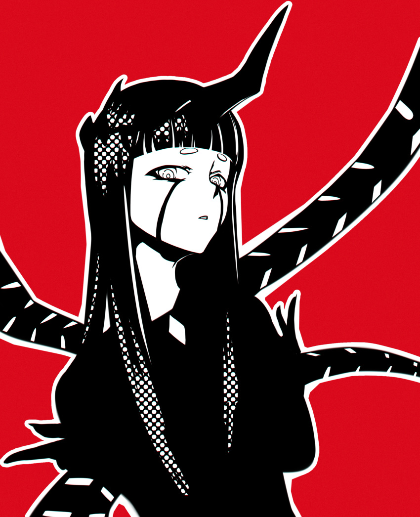 1girl absurdres bangs blunt_bangs darling_in_the_franxx greyscale hands_up highres horn long_hair looking_at_viewer monochrome murasaki_saki outline parody parted_lips persona persona_5 red_background short_eyebrows simple_background solo style_parody tentacles upper_body white_outline