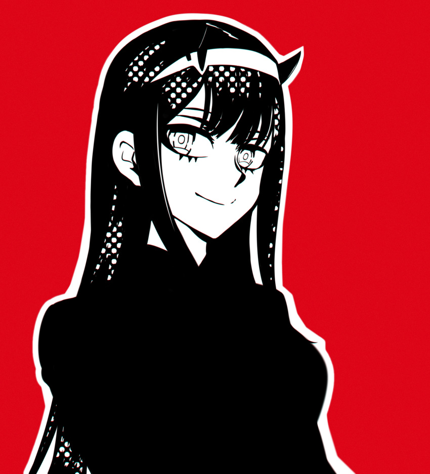 darling_in_the_franxx greyscale hairband highres horns long_hair looking_at_viewer monochrome murasaki_saki outline parody persona persona_5 red_background simple_background smile solo upper_body white_outline zero_two_(darling_in_the_franxx)