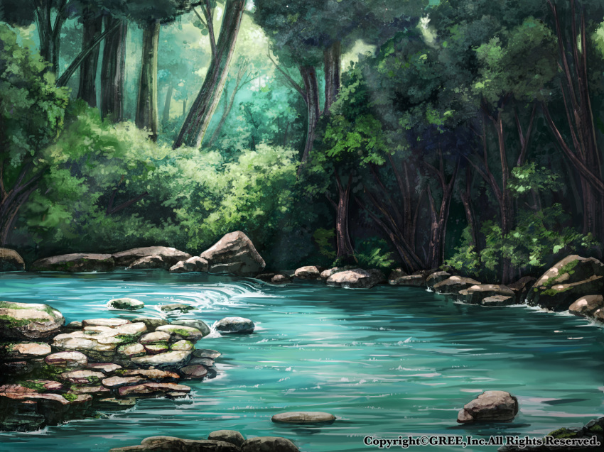 day forest highres light_rays nature no_humans official_art outdoors river rock scenery seisen_cerberus tree watermark z.dk