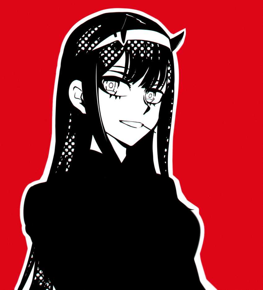 :d darling_in_the_franxx greyscale hairband highres horns long_hair looking_at_viewer monochrome mouth_hold murasaki_saki open_mouth outline parody persona persona_5 red_background simple_background smile solo upper_body white_outline zero_two_(darling_in_the_franxx)