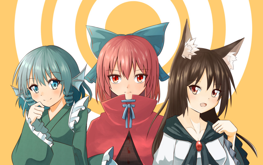 animal_ears aqua_eyes aqua_hair bow brown_hair capelet commentary_request drill_hair fang frilled_kimono frilled_sleeves frills grass_root_youkai_network hair_bow head_fins highres imaizumi_kagerou isetan_mashira japanese_clothes kimono long_hair mermaid monster_girl open_mouth red_eyes red_hair sekibanki short_hair simple_background smile touhou twin_drills wakasagihime wolf_ears