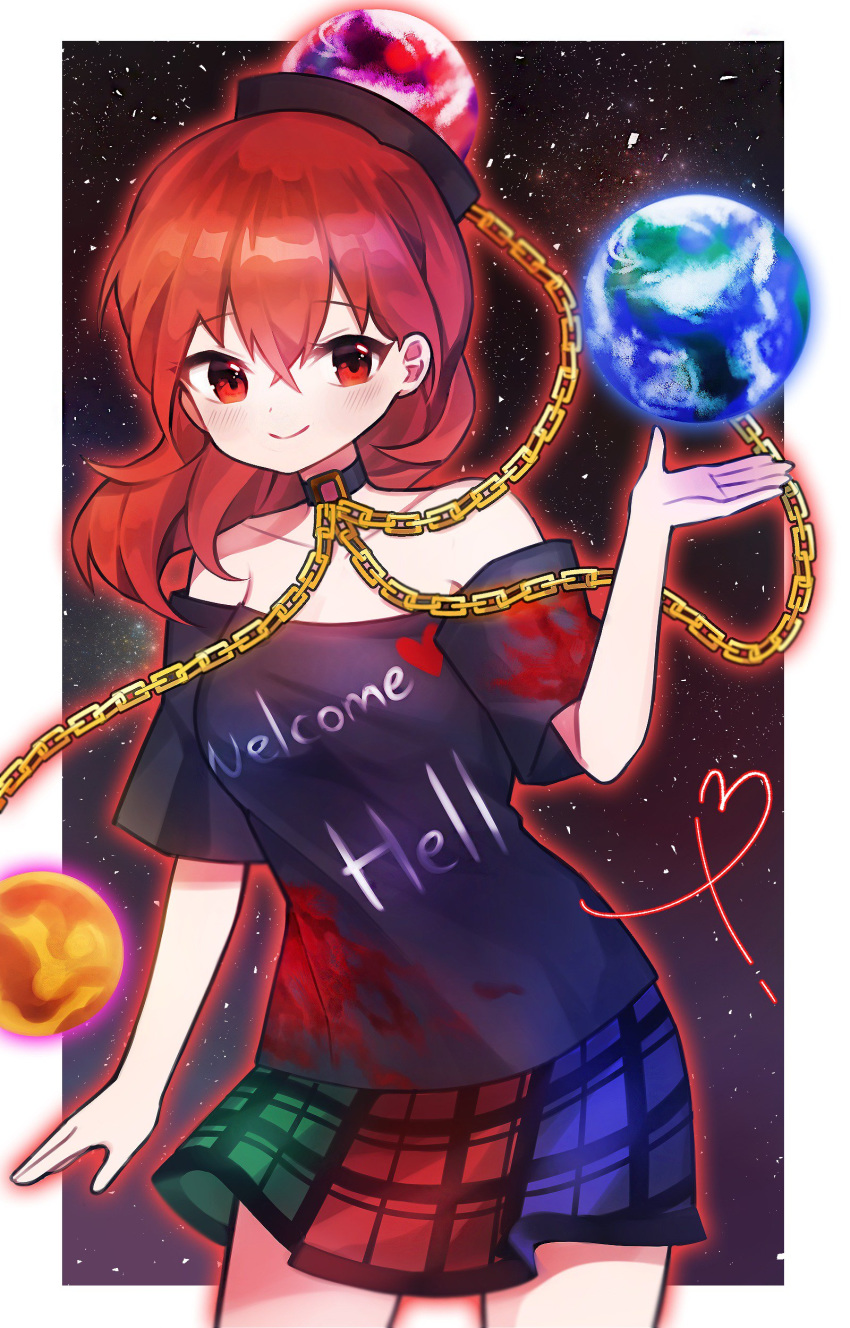 absurdres commentary_request earth_(ornament) hecatia_lapislazuli highres looking_at_viewer moon_(ornament) plaid plaid_skirt polos_crown red_eyes red_hair shirt skirt smile solo soooooook2 t-shirt touhou