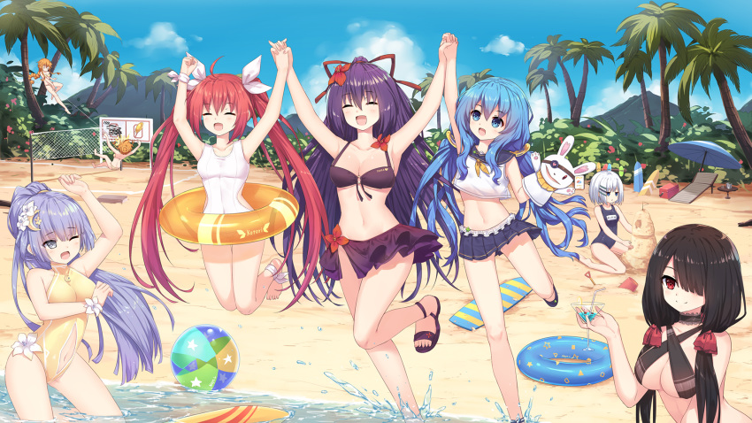 :d :o ;o ball bare_shoulders barefoot beach beach_volleyball beachball bikini bikini_skirt black_hair blue_eyes blue_hair blue_sky blue_swimsuit blush braid breasts bucket character_name chinese_commentary cleavage closed_eyes cloud cloudy_sky cocktail_glass commentary_request covered_navel crescent crescent_hair_ornament criss-cross_halter cup date_a_live day drinking_glass flower full_body hair_flower hair_ornament hair_over_one_eye hair_ribbon hairclip halterneck headshot highres holding holding_cup holding_hands innertube itsuka_kotori izayoi_miku jumping lavender_eyes lavender_hair long_hair low_twintails medium_breasts mountain multiple_girls navel navel_cutout neps-l one-piece_swimsuit one_eye_closed open_mouth orange_hair outdoors palm_tree ponytail purple_bikini purple_hair red_eyes red_hair ribbon sand_castle sand_sculpture sandals seiza short_hair shovel siblings side_cutout silver_hair sisters sitting skin_tight sky small_breasts smile splashing surfboard swimsuit tobiichi_origami tokisaki_kurumi tree twins twintails very_long_hair volleyball wading white_swimsuit yamai_kaguya yamai_yuzuru yatogami_tooka yellow_swimsuit yoshino_(date_a_live) yoshinon