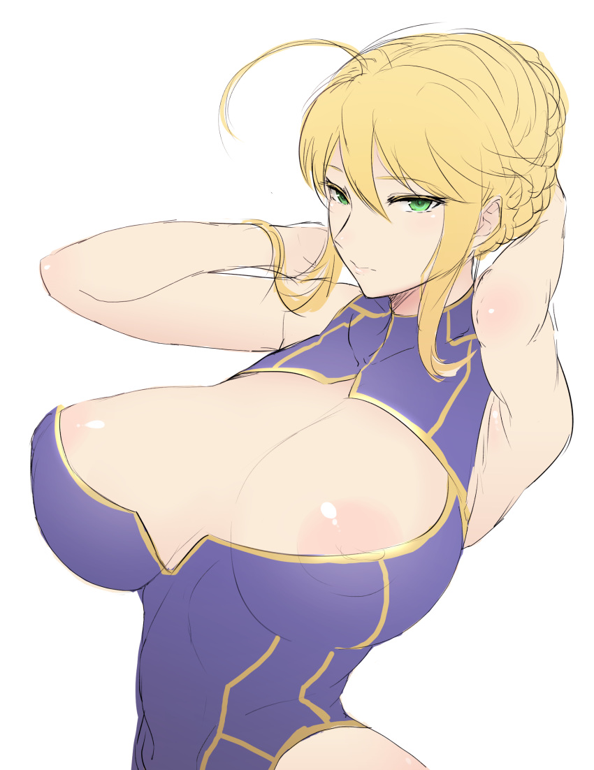 ahoge areola_slip areolae armpits artoria_pendragon_(all) artoria_pendragon_(lancer) blonde_hair braid breasts cleavage cleavage_cutout covered_nipples fate/grand_order fate_(series) green_eyes highres hometa huge_breasts looking_at_viewer nipples simple_background sketch sleeveless solo white_background