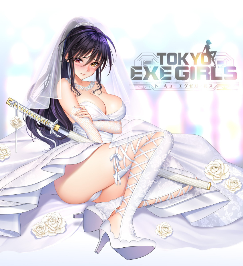 arms_under_breasts black_hair blush boots breast_hold breasts cleavage commentary_request copyright_name cross-laced_footwear detached_sleeves dress eyepatch eyepatch_removed flower hair_between_eyes heterochromia high_heel_boots high_heels highres katana large_breasts long_hair looking_at_viewer ponytail red_eyes shimashima08123 sidelocks sitting solo strapless strapless_dress sword thigh_boots thighhighs tokyo_exe_girls weapon white_legwear yellow_eyes