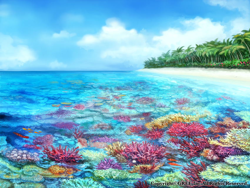 cloud commentary_request coral coral_reef day fish forest highres island nature no_humans official_art outdoors scenery seisen_cerberus sky watermark z.dk