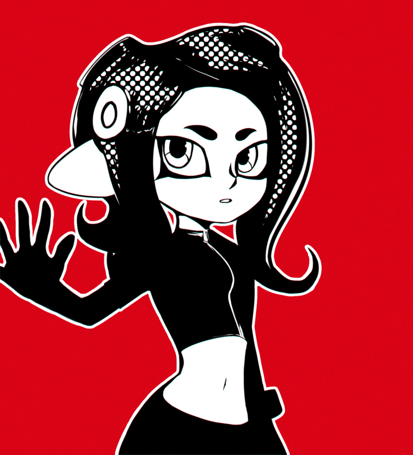 greyscale hand_up highres looking_at_viewer midriff monochrome murasaki_saki navel octarian octoling outline parody parted_lips persona persona_5 red_background simple_background skirt solo splatoon_(series) splatoon_2 standing tentacle_hair white_outline
