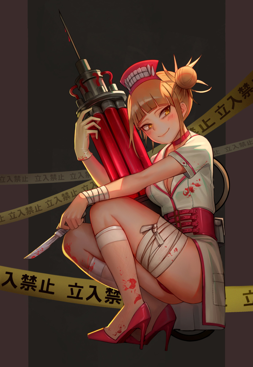 absurdres alternate_costume bandaged_leg bandages bangs blonde_hair blood bloody_clothes blunt_bangs blush boku_no_hero_academia breasts choker cleavage commentary_request double_bun employee_uniform full_body gloves half-closed_eyes hat high_heels highres large_syringe legs looking_to_the_side nurse nurse_cap oversized_object panties pantyshot pantyshot_(sitting) rix2118 short_twintails single_glove sitting skirt smile solo syringe toga_himiko twintails underwear uniform yandere yellow_eyes