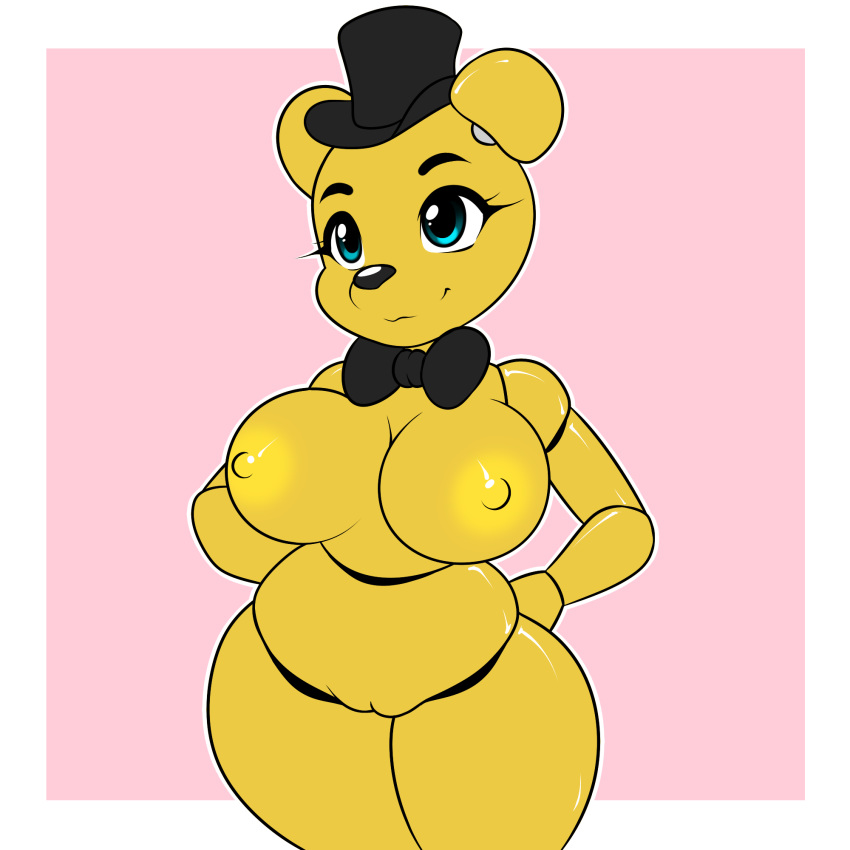 2016 animatronic anthro bear black_nose blue_eyes bow_tie breasts crossgender cute female five_nights_at_freddy's front_view golden_freddy_(fnaf) hands_behind_back hat hi_res kloudmutt machine mammal nipples nude pink_background pussy robot simple_background slightly_chubby smile solo standing thick_thighs top_hat video_games