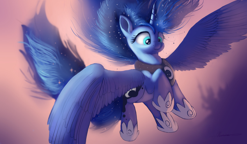 2018 absurd_res auroriia blue_feathers castle cosmic_hair cute cutie_mark equine eyelashes feathered_wings feathers female feral flying friendship_is_magic hair hi_res hooves long_hair mammal my_little_pony nude outside pegasus portrait princess_luna_(mlp) signature silhouette simple_background solo spread_wings teal_eyes wings