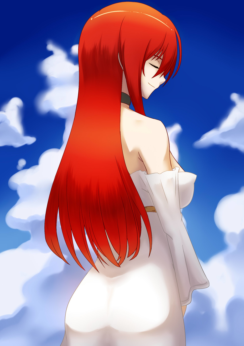 absurdres black_choker boudica_(fate/grand_order) choker closed_eyes cloud cloudy_sky commentary_request day der_zweite dress fate/grand_order fate_(series) from_behind highres light_smile long_hair off-shoulder_dress off_shoulder red_hair ribbon sky solo strapless strapless_dress white_dress yellow_ribbon