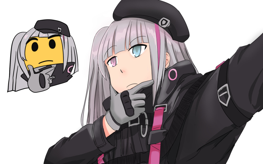 ately beret blue_eyes commentary emoji eyebrows eyebrows_visible_through_hair girls_frontline gloves hat heterochromia highres jacket long_hair mdr_(girls_frontline) multicolored_hair pink_eyes pink_hair side_ponytail silver_hair streaked_hair thinking