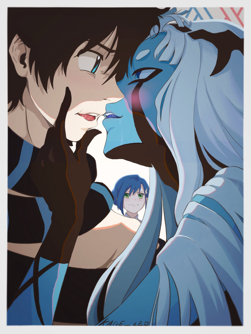 001_(darling_in_the_franxx) 1boy 2girls bangs black_hair blue_eyes blue_hair blue_skin bound commentary_request couple crying crying_with_eyes_open darling_in_the_franxx face-to-face facial_scar facing_another fellatio forehead-to-forehead hair_ornament hairclip hand_on_another's_chin hetero highres hiro_(darling_in_the_franxx) horns ichigo_(darling_in_the_franxx) kage light_blue_hair long_hair looking_at_another multiple_girls oni_horns open_mouth oral saliva saliva_trail scar shirtless short_hair tears teeth tentacle thick_eyebrows tied_up white_hairclip