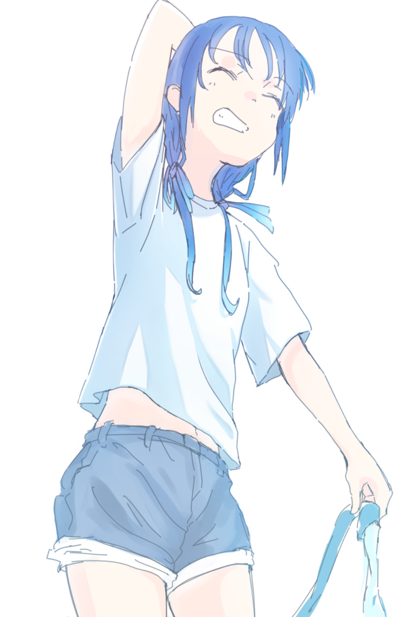 arm_behind_head blue_hair closed_eyes commentary_request cowboy_shot eyebrows_visible_through_hair grin highres hose kantai_collection long_hair navel pale_skin shirt shorts simple_background smile solo standing stomach stretch suzukaze_(kantai_collection) t-shirt teeth wachi_(hati1186) water white_background