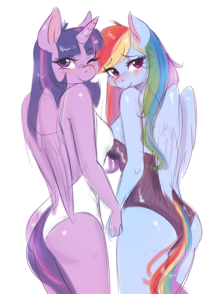 2017 absurd_res anthro anthrofied blush breasts clothed clothing duo edit equine female friendship_is_magic hair hand_holding hi_res horn long_hair looking_at_viewer looking_back mammal mrscurlystyles multicolored_hair multicolored_tail my_little_pony one-piece_swimsuit one_eye_closed pegasus pink_eyes purple_eyes rainbow_dash_(mlp) rainbow_hair rainbow_tail side_boob simple_background smile swimsuit twilight_sparkle_(mlp) white_background winged_unicorn wings wink