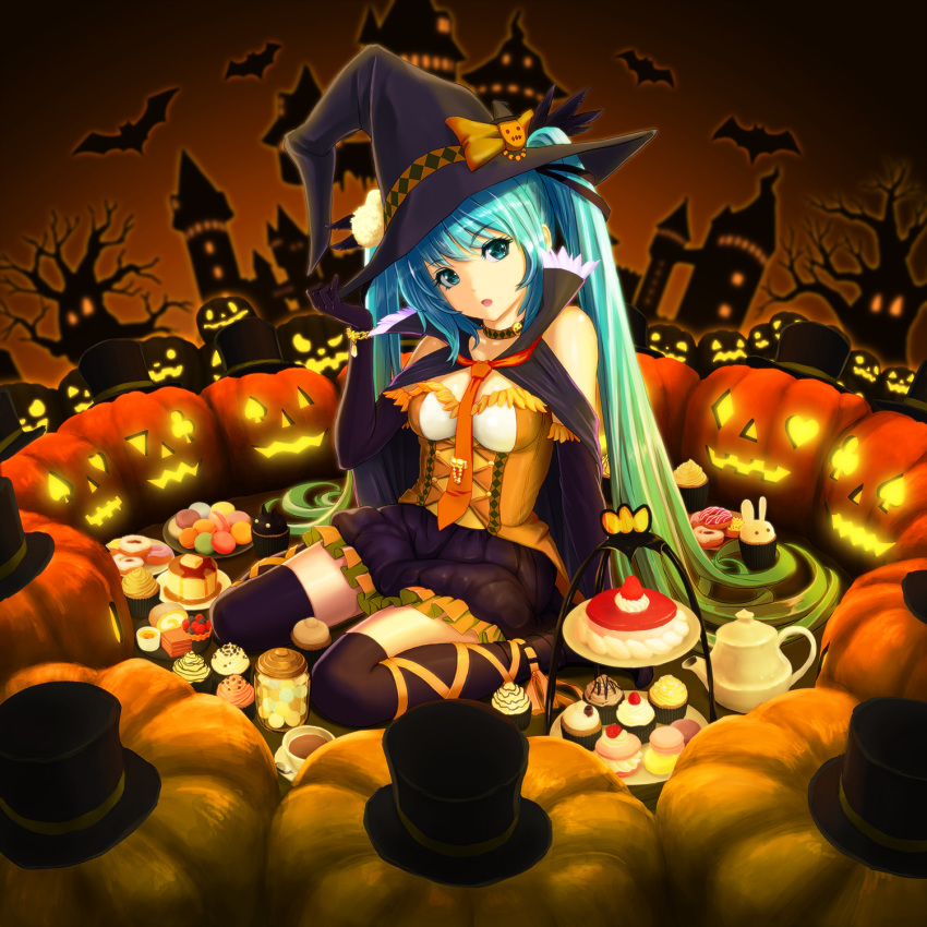 bangs bat black_gloves black_hat black_legwear black_skirt blue_eyes blue_hair bow breasts cake elbow_gloves eyebrows_visible_through_hair food frilled_skirt frills full_body gloves gradient_hair green_hair halloween halloween_costume hat hat_bow hatsune_miku head_tilt highres leg_ribbon long_hair looking_at_viewer medium_breasts miniskirt multicolored_hair necktie open_mouth orange_bow orange_ribbon pumpkin red_neckwear ribbon sitting skirt solo sugimasa thighhighs thighs twintails two-tone_hair very_long_hair vocaloid witch_hat zettai_ryouiki