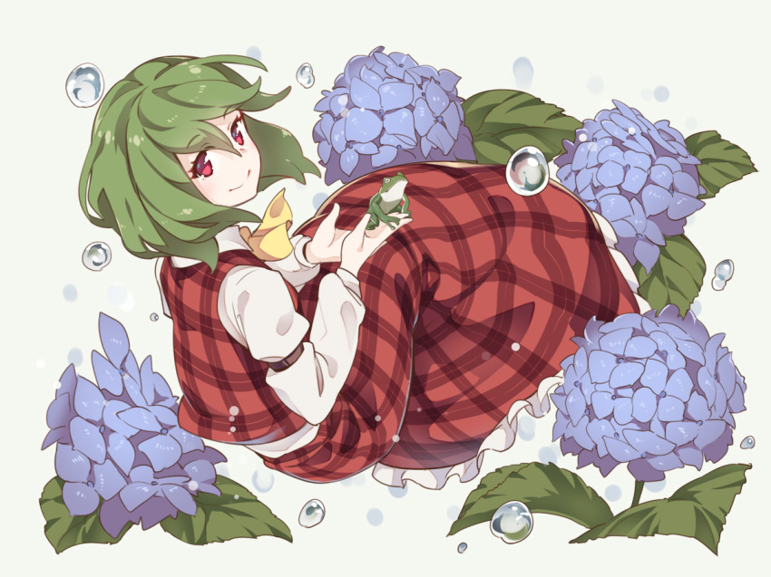 animal ascot asutora blue_flower commentary eyebrows_visible_through_hair flower frog full_body green_background green_hair hair_between_eyes hands_up holding holding_animal hydrangea kazami_yuuka knees_up leaf long_skirt long_sleeves looking_at_viewer looking_back petticoat plaid plaid_skirt plaid_vest red_eyes red_skirt red_vest shirt short_hair simple_background skirt smile solo touhou vest water_drop white_shirt wing_collar yellow_neckwear