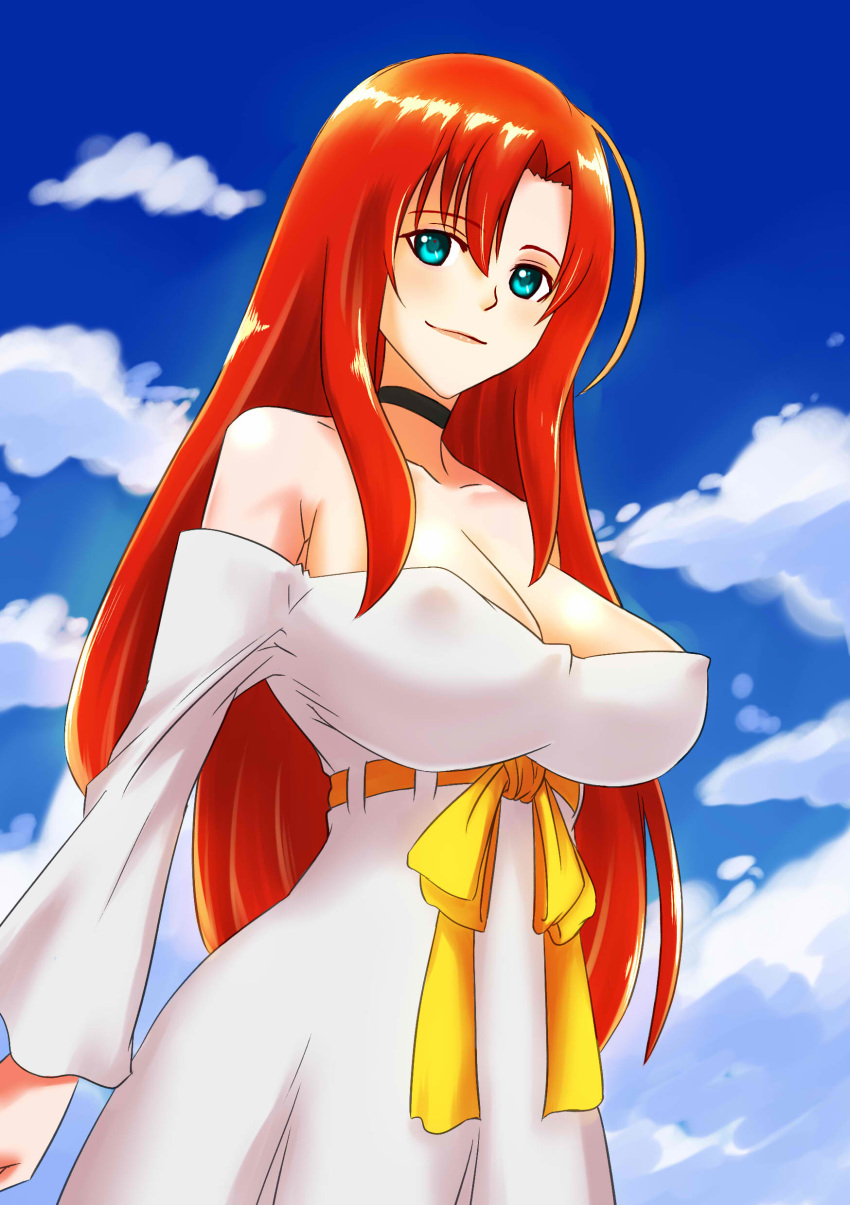 absurdres black_choker blue_eyes boudica_(fate/grand_order) breasts choker cleavage cloud cloudy_sky commentary_request covered_nipples day der_zweite dress fate/grand_order fate_(series) highres large_breasts light_smile long_hair looking_at_viewer looking_down off-shoulder_dress off_shoulder red_hair ribbon sky solo strapless strapless_dress white_dress yellow_ribbon