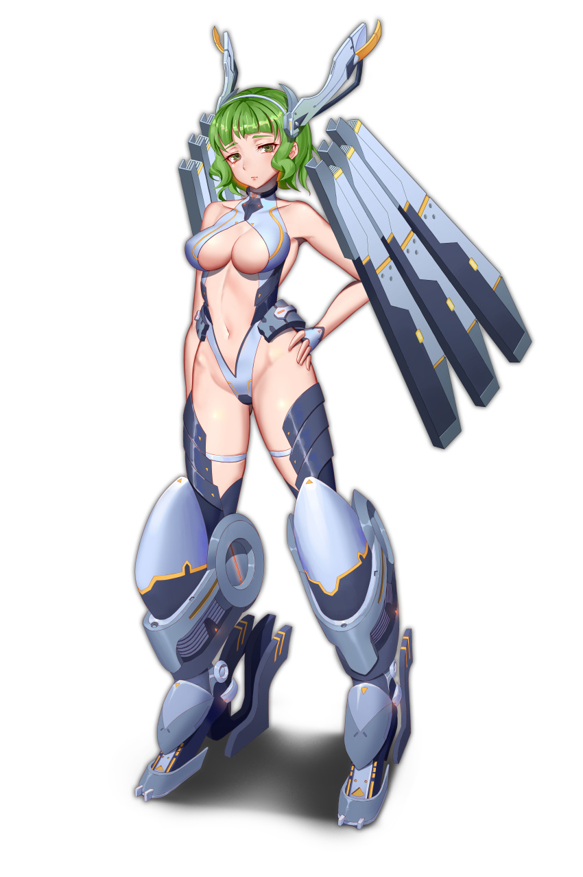 absurdres ass_visible_through_thighs bangs bare_shoulders breasts center_opening collar collarbone full_body green_eyes green_hair halterneck hand_on_hip head_tilt headgear highleg highleg_leotard highres hip_bones large_breasts leotard looking_at_viewer mecha_musume mechanical_legs mechanical_wings navel northman original ringed_eyes simple_background solo standing tachi-e thigh_strap wavy_hair white_background wings