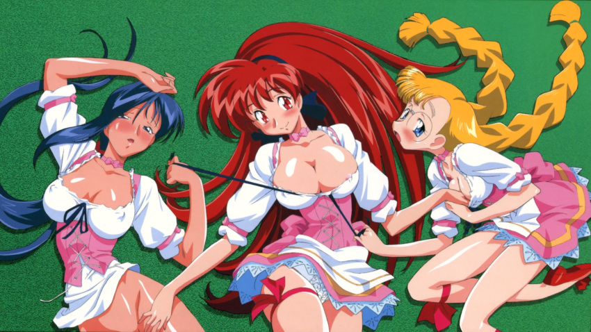 akira_(viper) between_breasts blonde_hair blue_eyes blue_hair blush bottomless braid breasts choker closed_eyes collarbone covered_nipples dress hair_ribbon hand_between_breasts high_ponytail highres karin_(viper) kimura_takahiro large_breasts leg_ribbon long_hair long_legs looking_at_viewer medium_breasts multiple_girls official_art panties red_eyes red_footwear red_hair ribbon rimless_eyewear round_eyewear saki_(viper) shiny shiny_skin short_sleeves smile twin_braids underbust underwear very_long_hair viper viper_v16 white_panties