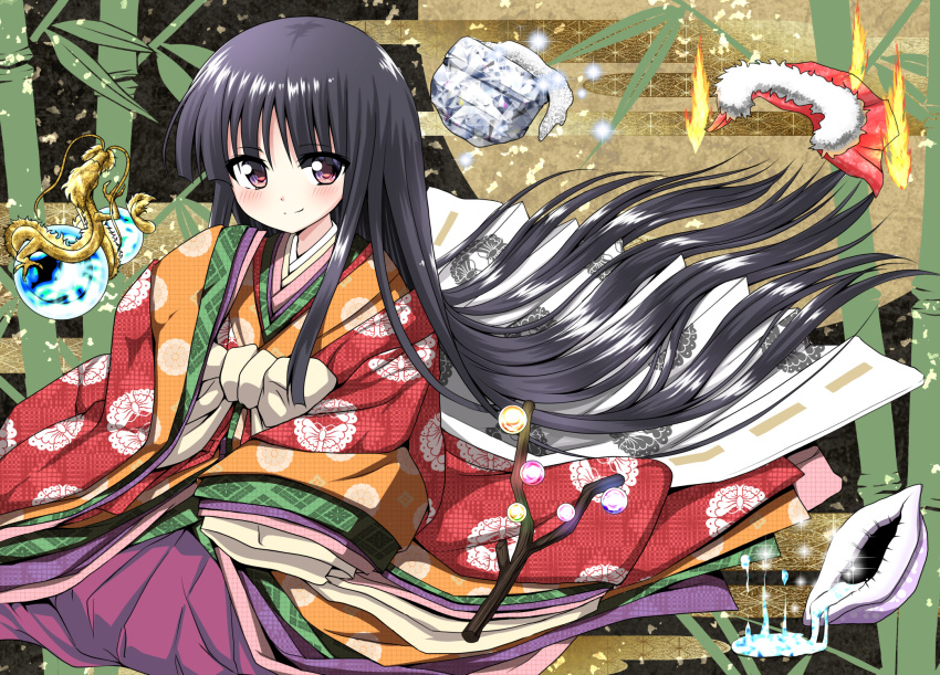 animal_print bamboo bangs black_hair blush bow bowl branch butterfly_print chrysanthemum commentary_request conch crystal_ball dragon eyes_visible_through_hair fire floral_print flower hair_over_eyes hair_spread_out hands_in_opposite_sleeves highres hime_cut houraisan_kaguya japanese_clothes jeweled_branch_of_hourai kimono layered_clothing layered_kimono light_particles long_hair looking_at_viewer obi red_eyes sash shiny shiny_hair sitting smile solo sparkle touhou unmoving_pattern usagi_koushaku very_long_hair white_bow