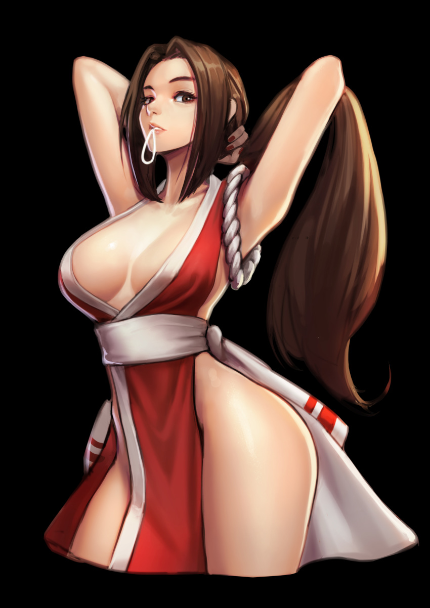 absurdres adjusting_hair armpits arms_behind_head arms_up bangs bare_arms black_background breasts brown_eyes brown_hair cleavage cropped_legs fatal_fury hair_tie hair_tie_in_mouth highres japanese_clothes jungon_kim kimono large_breasts long_hair looking_at_viewer mouth_hold nail_polish ninja obi parted_bangs pelvic_curtain red_kimono red_nails revealing_clothes rope sash shiranui_mai simple_background solo the_king_of_fighters thighs very_long_hair