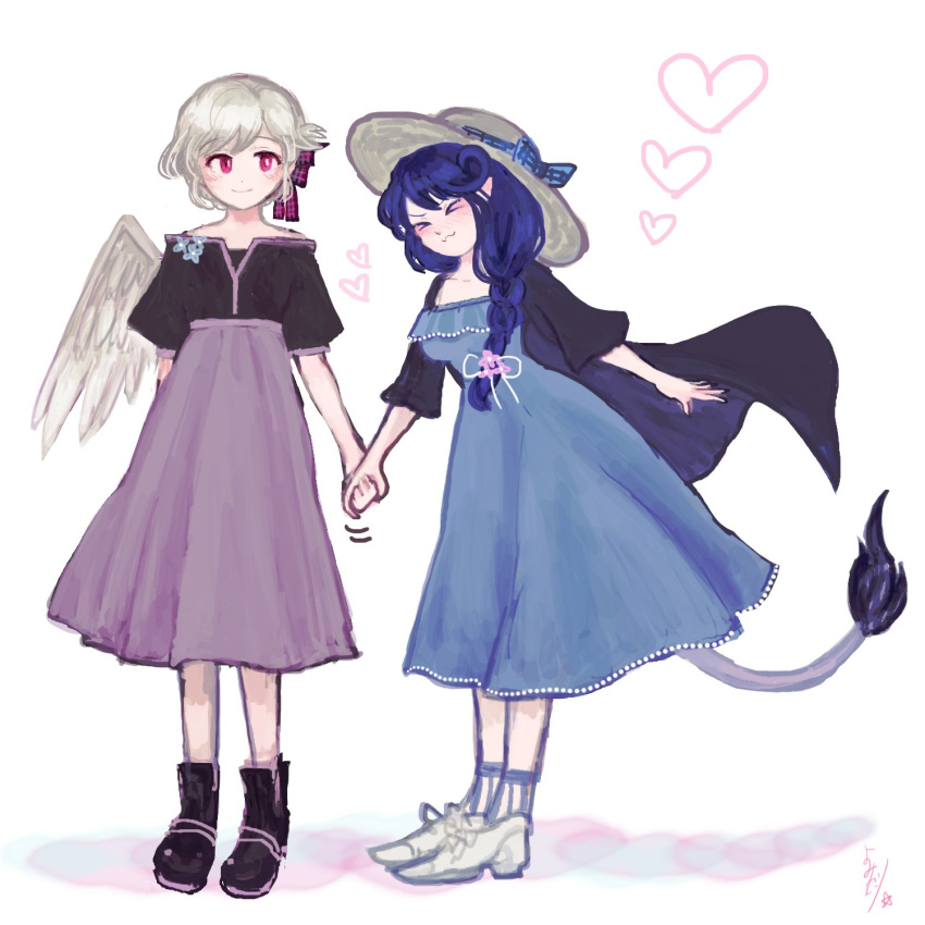 &gt;_&lt; alternate_costume alternate_headwear bad_id bad_twitter_id blue_bow blue_dress blue_hair blush bow braid commentary doremy_sweet dress ear_blush feathered_wings flower grey_hair grey_wings hair_flower hair_ornament hat hat_bow heart highres holding_hands katari kishin_sagume long_hair multiple_girls pink_flower purple_dress red_eyes short_sleeves single_wing sketch star tail touhou white_background wings yuri