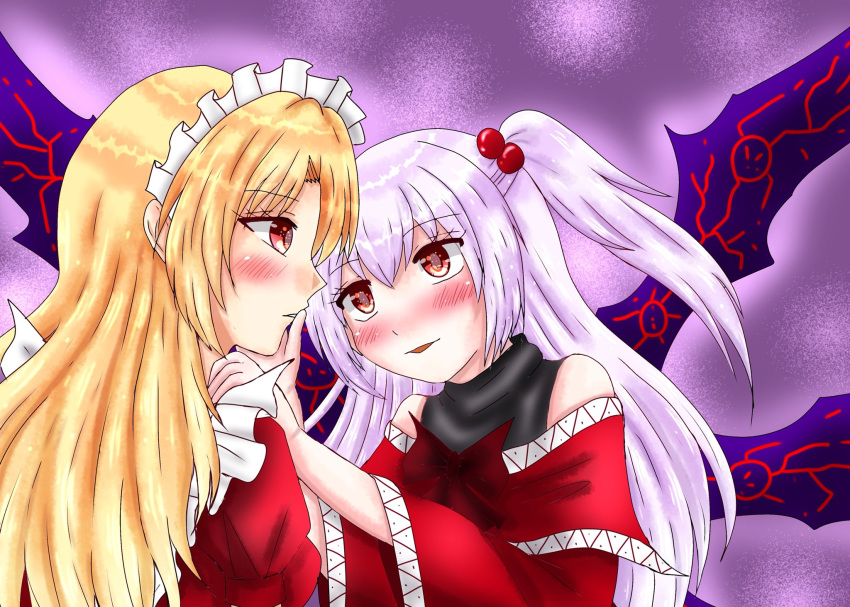 bare_shoulders blonde_hair blush commentary_request hair_between_eyes hair_bobbles hair_ornament hand_on_another's_cheek hand_on_another's_face highres long_hair maid_headdress multiple_girls nanaemon one_side_up open_mouth pink_hair red_eyes shinki touhou touhou_(pc-98) upper_body wide_sleeves wings yumeko yuri