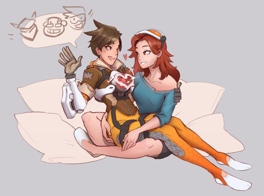 :d anhdang blue_shirt bodysuit bomber_jacket breasts brown_hair brown_jacket collarbone commentary couple cross-laced_clothes cross-laced_legwear emily_(overwatch) english_commentary eyebrows_visible_through_hair freckles full_body genji_(overwatch) gloves goggles goggles_on_head goggles_removed grey_background hand_on_another's_shoulder hand_up harness heart jacket leather leather_jacket long_hair long_sleeves looking_at_another multiple_girls open_mouth orange_bodysuit overwatch pants pillow red_hair shirt short_hair short_sleeves simple_background sitting sitting_on_lap sitting_on_person smile speech_bubble spiked_hair sweater tight tight_pants tracer_(overwatch) union_jack vambraces winston_(overwatch) yuri