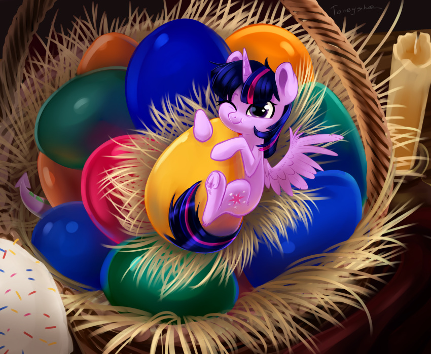 2018 absurd_res candle digital_media_(artwork) easter equine feathered_wings feathers female feral friendship_is_magic hair hi_res holidays hooves horn mammal micro my_little_pony one_eye_closed purple_eyes smile solo_focus taneysha twilight_sparkle_(mlp) underhoof winged_unicorn wings
