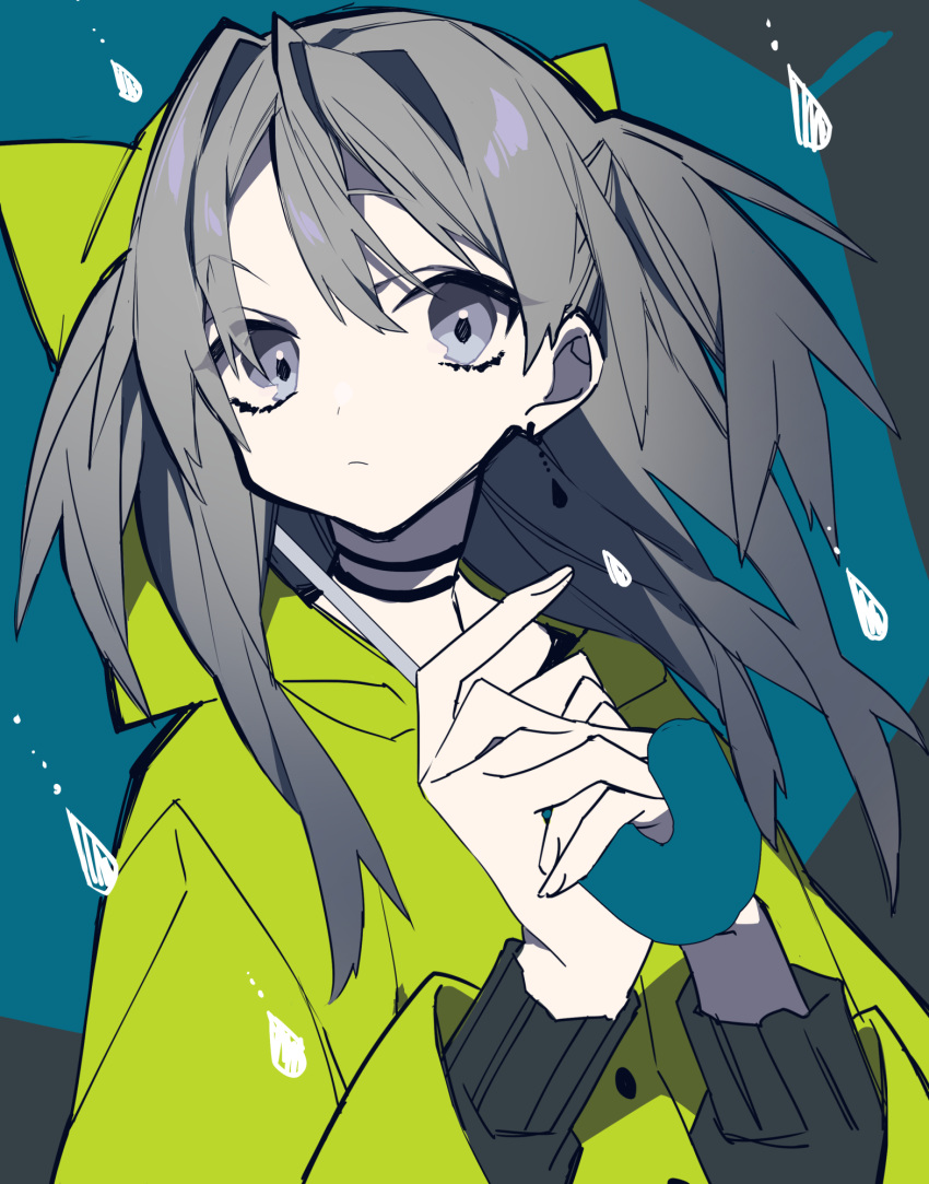 black_choker blue_umbrella choker closed_mouth commentary_request earrings grey_background grey_eyes grey_hair highres holding holding_umbrella jewelry long_hair long_sleeves looking_at_viewer mochizuki_kei original pale_skin raincoat simple_background solo umbrella upper_body water_drop