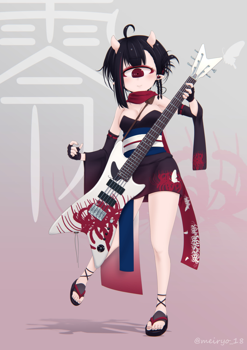 absurdres ahoge artist_name bangs banned_artist bass_guitar black_gloves black_hair braid breasts cyclops earbuds earphones eyebrows_visible_through_hair fingerless_gloves flower full_body gloves highres horns instrument japanese_clothes kimono medium_breasts medium_hair meiryo_(horizon) monster_girl one-eyed original pointy_ears red_eyes red_scarf rei_(meiryo_(horizon)) scarf solo spider_lily standing standing_on_one_leg thick_eyebrows twitter_username