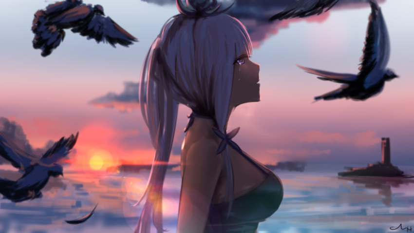 alternate_costume azur_lane bangs bare_shoulders bird black_dress blue_eyes breasts chyt crying crying_with_eyes_open dress evening feathers from_side hair_ornament hair_ribbon highres illustrious_(azur_lane) large_breasts long_hair ocean open_mouth ponytail ribbon sidelocks signature solo sunset tears tress_ribbon