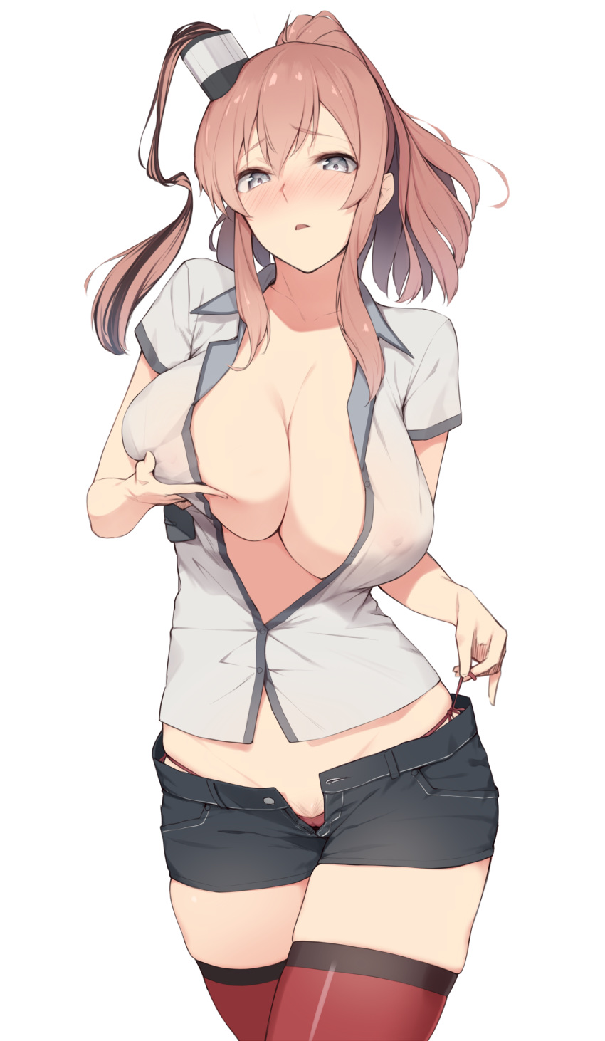 absurdres adapted_costume blue_eyes blush breast_lift breasts brown_hair cameltoe cleavage colored_pubic_hair commentary_request covered_nipples denim denim_shorts enosan eyebrows_visible_through_hair highres huge_breasts kantai_collection midriff one_side_up open_pants panties parted_lips pinky_out ponytail pubic_hair pubic_hair_peek red_legwear saratoga_(kantai_collection) see-through short_shorts shorts side-tie_panties side_ponytail sidelocks simple_background skindentation solo string_panties thighhighs unaligned_breasts underwear untying white_background