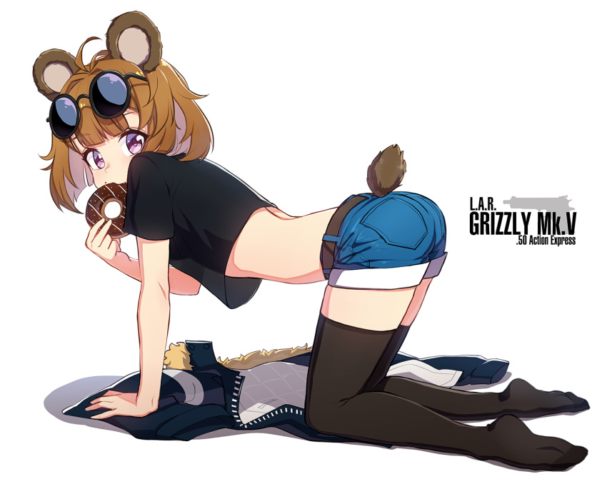 ahoge all_fours animal_ears ass bear_ears bear_tail black_legwear breasts brown_hair character_name commentary_request crop_top denim denim_shorts doughnut eating eyebrows_visible_through_hair eyewear_on_head food from_side full_body girls_frontline grizzly_mkv grizzly_mkv_(girls_frontline) gun jacket jacket_removed looking_at_viewer midriff mouth_hold narynn purple_eyes see-through_silhouette short_hair short_shorts shorts small_breasts solo tail tan thighhighs weapon younger